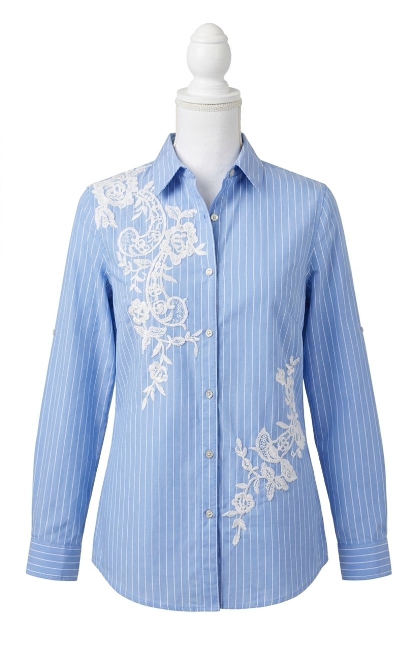 NEW PAPARAZZI lace applique tripe shirt in blue